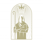 A gold graphic of an archway with a disciple inside holding a lamb and a staff with a dove and bible shining light over him