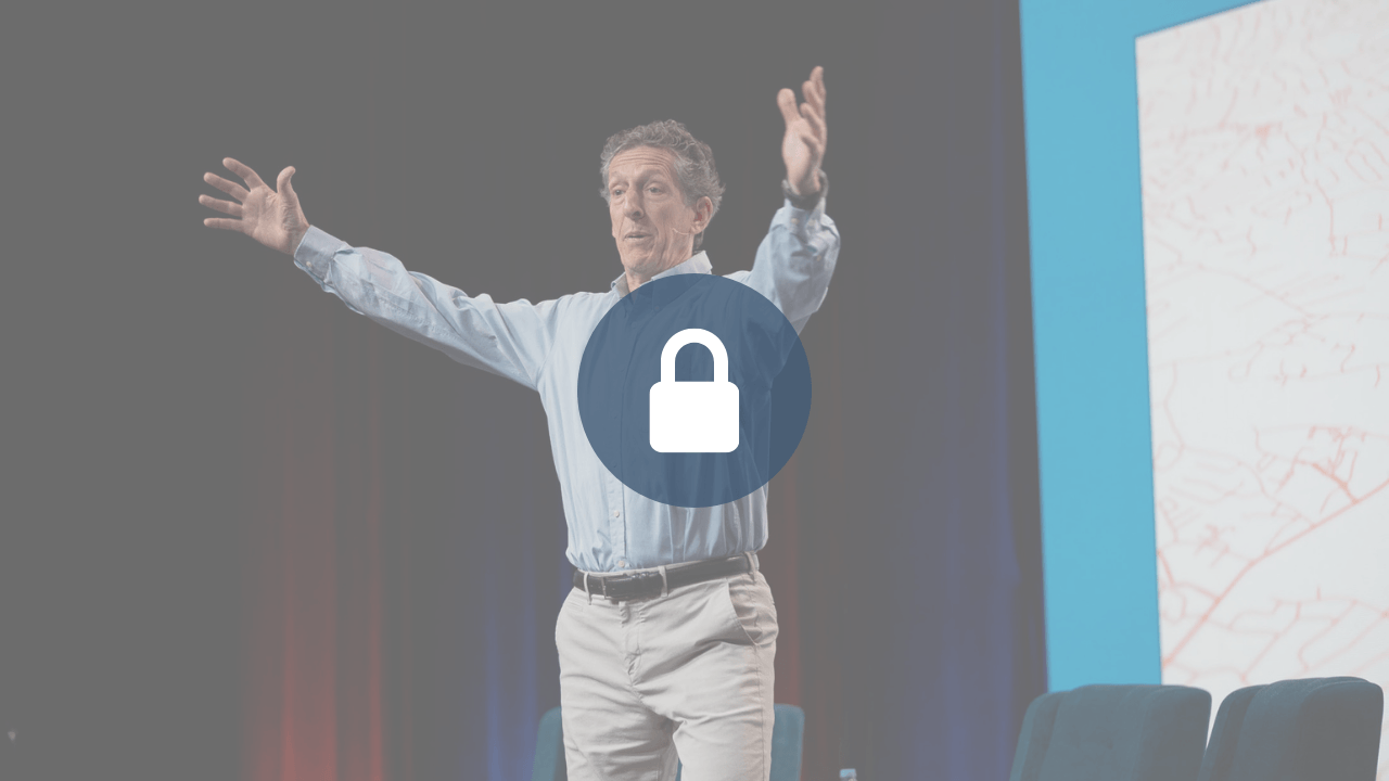 Locked session video: speaker, Pastor Cliffe Knechtle, standing on stage with arms outstretched, addressing the audience, with a red street-map backdrop to the right; a padlock icon overlays the center.